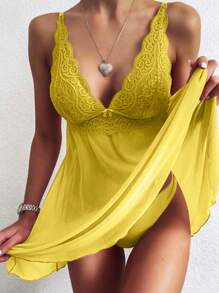 1件套性感女士睡衣性感蕾丝性感迷人镂空家居服女士性感蕾丝优雅性感睡衣情侣情趣诱人内衣 - 黃色 - 查看 4