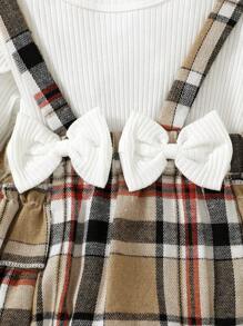 2pcs/Set Baby Girl Plaid Patchwork Bodysuit With Headband, Spring/Summer - White - View 3