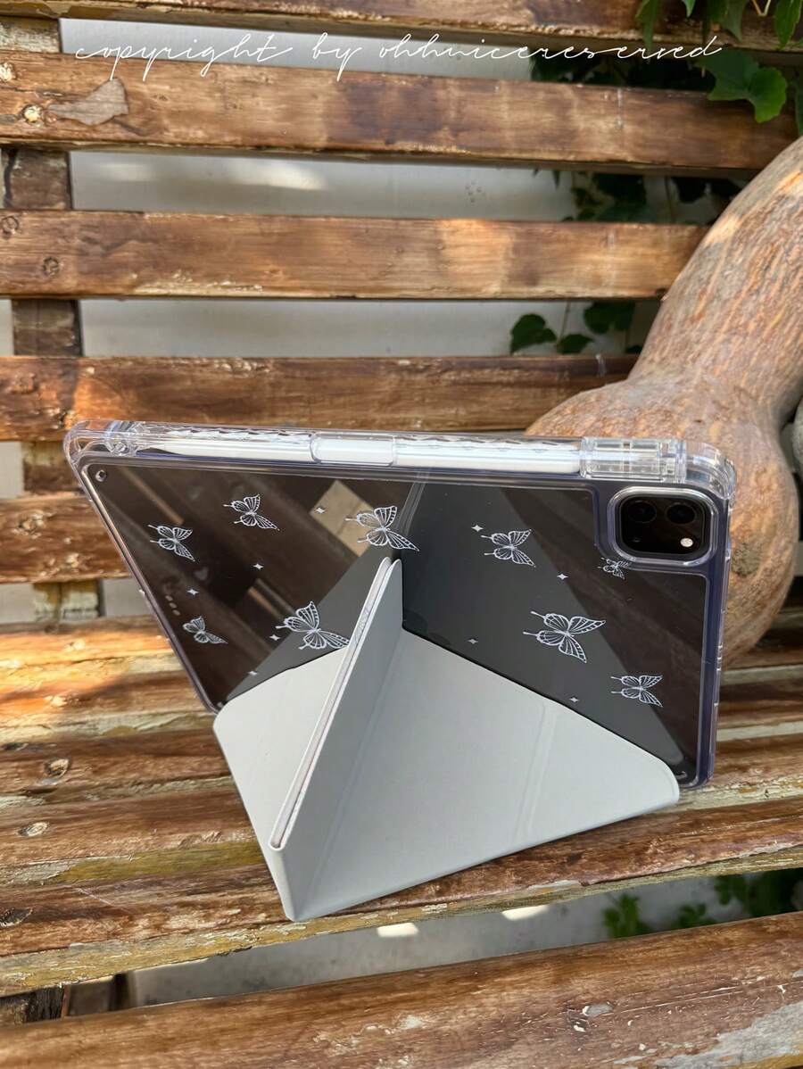 1pc Cute Cartoon Butterfly & Letter Dual-Sided Acrylic Transparent Crystal Back Protector Case, Support Sleep/Wake Compatible With IPad & - Multicolor - View 1