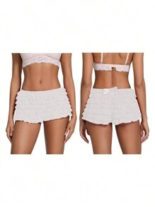 Women Y2k Ruffle Shorts With Bow Party Mini Shorts Skirt Low Rise Layered Micro Shorts Pettipants Pj Bottoms - 白色 - 查看 3