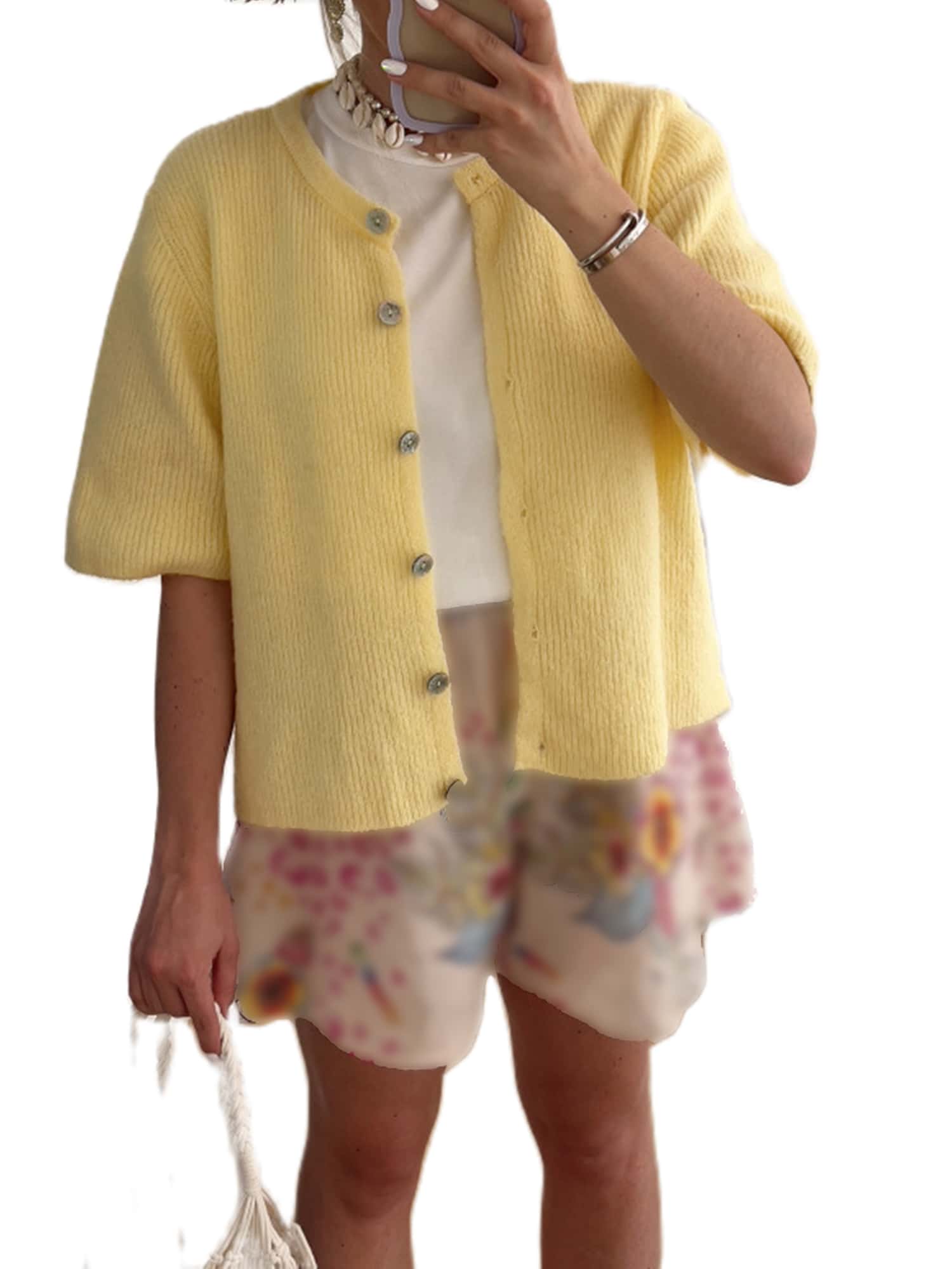 Women's Autumn Knitted Cardigan Half Sleeve Round Neck Solid Color Button Knitted Sweater, Y2K - 黃色 - 查看 1