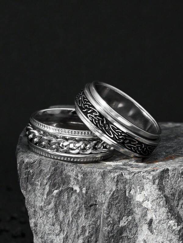 Anillo de ansiedad de acero inoxidable para hombre con patrón vintage en relieve y estilo de cadena, un regalo de moda adecuado para uso diario y en días festivos