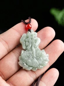 New Arrival Natural Grade A Jadeite Buddha Lotus Pendant, Jadeite Guanyin Pendant, Amulet Necklace, Icy Lotus Fox Jade Hanging Decor For Men & Women, Fashion Couple Necklace For Attracting Love - 淺綠 - 查看 1