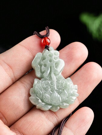 New Arrival Natural Grade A Jadeite Buddha Lotus Pendant, Jadeite Guanyin Pendant, Amulet Necklace, Icy Lotus Fox Jade Hanging Decor For Men & Women, Fashion Couple Necklace For Attracting Love