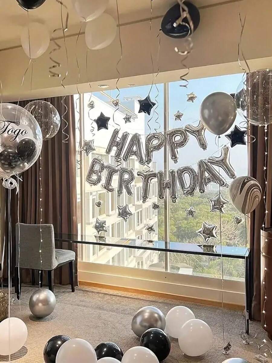 12 件/套银色生日快乐气球横幅、生日派对装饰、摄影道具、庆祝装饰、生日礼物、氛围布置、家居装饰、场景装饰 - 銀色 - 查看 1