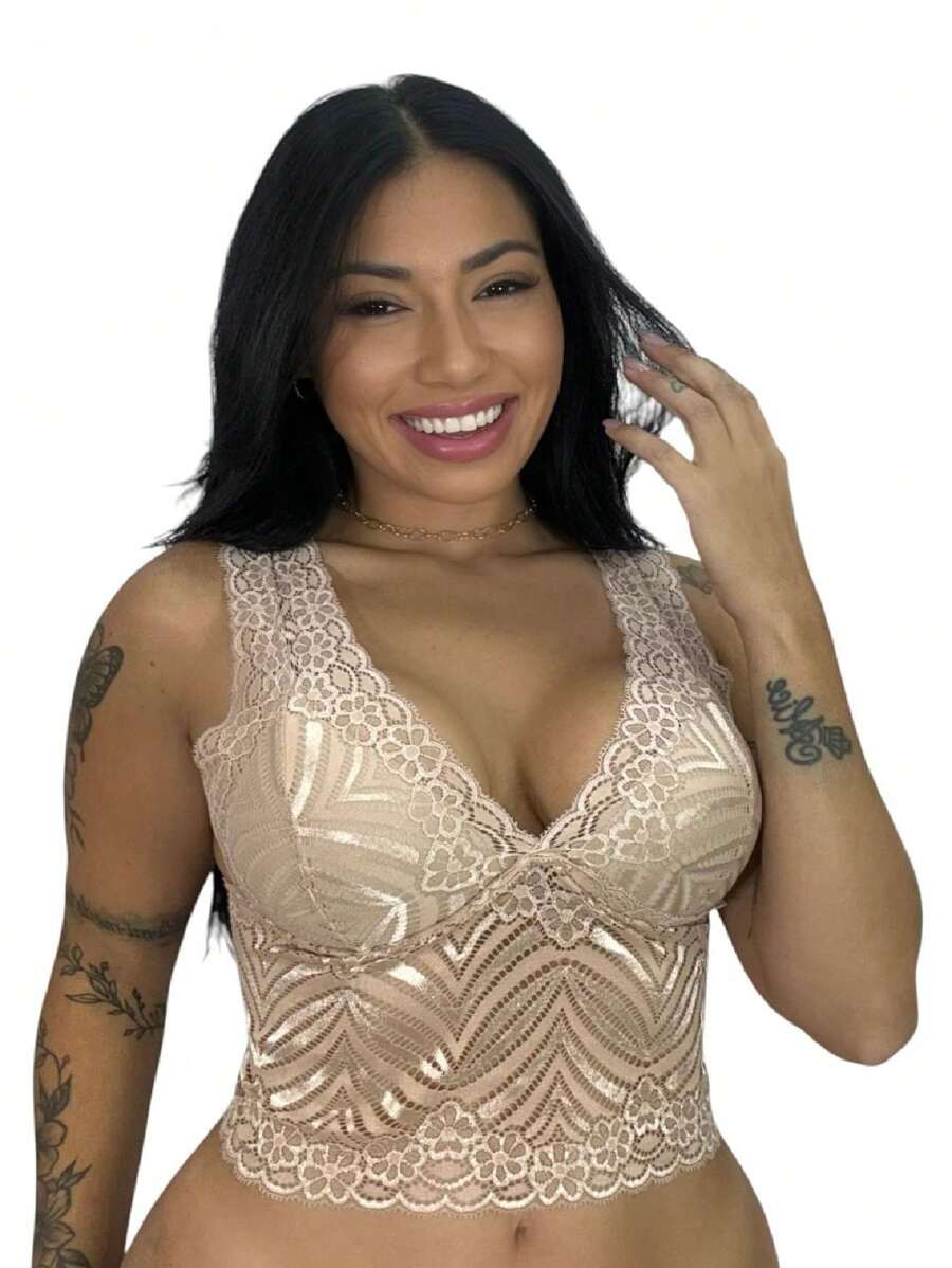 Lace Cropped Top With Cupped Top - 米色 - 查看 1