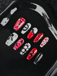 10 件手工制作按压式指甲，斜细高跟形状，中等长度，红色和白色，甜美酷炫风格，适合作为送给女性和女孩的礼物，包括 1 个凝胶垫和 1 个指甲锉 - 紅白色 - 查看 13