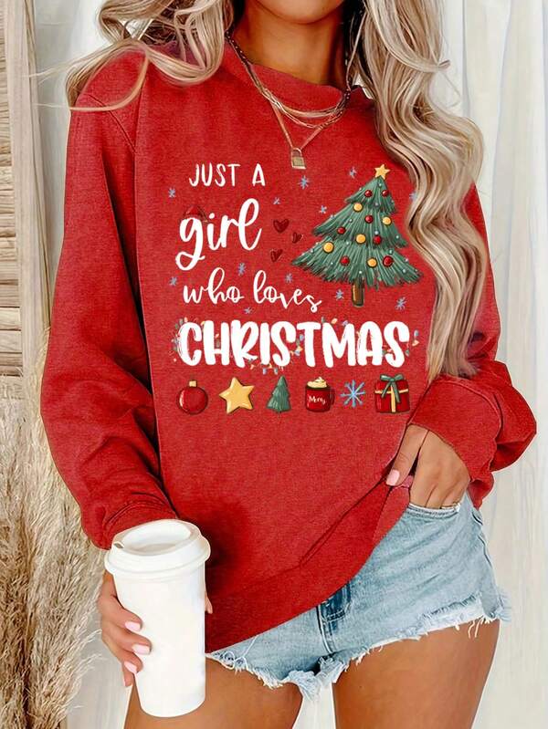 Moletom feminino com estampa de slogan de árvore de Natal e gola redonda