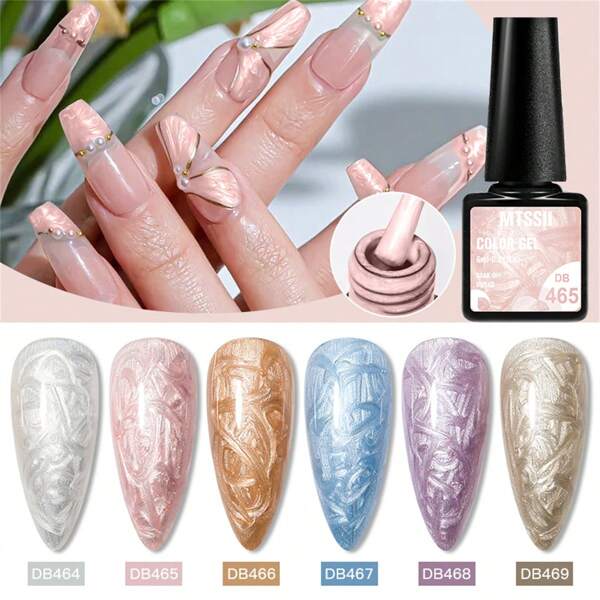 6pcs Thread Shell Gel Nail Polish Set, White Pink Blue Nails, Pearl Shell Mermaid Nails Texture Gel Polish Set, Manicure Top Coat For Nails Art Gel Varnish Semi Permanent Soak Off UV LED Nail Art Design Manicure Kit For DIY Home Salon Gifts For Women