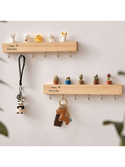 1pc Happy Ever Day Solid Wood Keyframe, Green Plants; Cute Little Cat; Cute Puppy Style, Suitable For Home Decoration, Small Object Placement, Hat Hanging, Scarf Placement, Suitable As A Gift