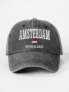 1 pieza Gorra de béisbol impresa con "AMSTERDAM NETHERLANDS" para exterior, ajustable, protección solar, sombrero casual para viajes de primavera/otoño, playa, adecuado para hombres jóvenes en estilo Y2K - gorra de béisbol - Ver 4