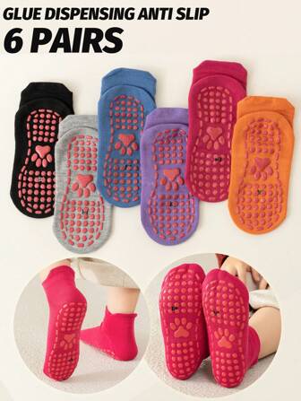 6 双儿童防滑地板袜，带 3D 鞋跟脚印，橙色、紫色、玫红色、黑色、灰色、蓝色，弹力袜边，秋季新款儿童室内家居袜，适合男孩和女孩