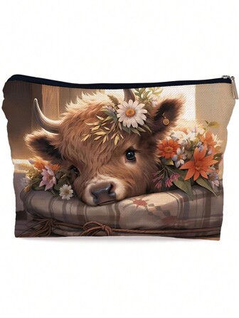 1pc Digital Printing Cow Animal Pattern Linen Cosmetic Storage Bag, Zipper Toiletry Pouch, Clutch Makeup Bag, Gift Bag Makeup Bags Makeup Organizer Make Up Organizer Makeup Storage