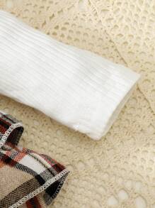 2pcs/Set Baby Girl Plaid Patchwork Bodysuit With Headband, Spring/Summer - White - View 6