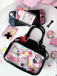 Japanese Harajuku Style Ltabag Large Capacity Cute Bowling Bag Badge Element Female Student Multi-Functional Handbag Cross-Body Bag Backpack, Street & Japanese Bag For Women , Bow - Black - View 3