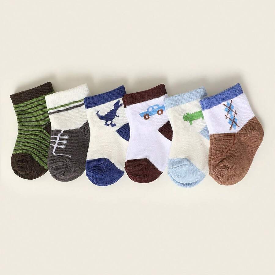 6 双婴儿袜子，运动中筒袜，卡通设计，舒适透气，适合男孩和女孩，适合所有季节 - 彩色 - 查看 1