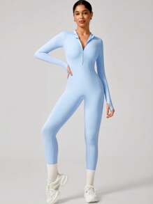 NcmRyu Women's Solid Color Autumn/Winter Quick-Dry Outdoor Fitness Active Leggings With Half Zip Up Top, Elastic Fitted Jumpsuit