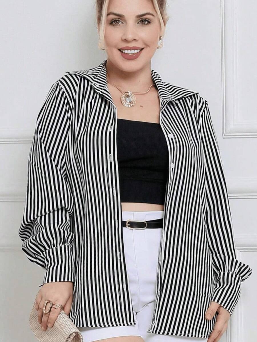 Women's Long Sleeve Formal Or Casual Striped Shirt With Button In Crepe Crepe Fabric, Loose, Wide Boho Look Blouse - 黑色 - 查看 1
