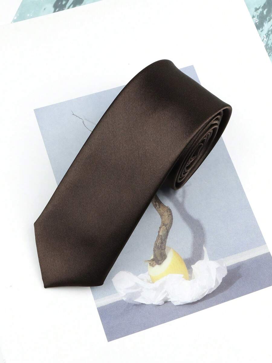 ZONFAZ 1pc Men Mocha Brown Smooth Glossy Texture 2" Ultra Slim Necktie, Suitable For Weddings, Christmas Parties, Thanksgiving, Gatherings, Parties And Daily Wear Men Necktie - Mocha Brown - View 1