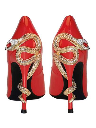 1 Pair Gold Metal High Heel Shoes With Red Eye Crystal Snake Shaped Heel, Fashion Round Toe High Heels Decor DIY Accessories