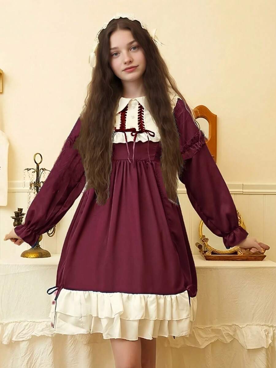1 件可爱清新少女宽松喇叭洛丽塔连衣裙，适合假期、节日、派对、休闲日常穿着 - 酒紅色 - 查看 1