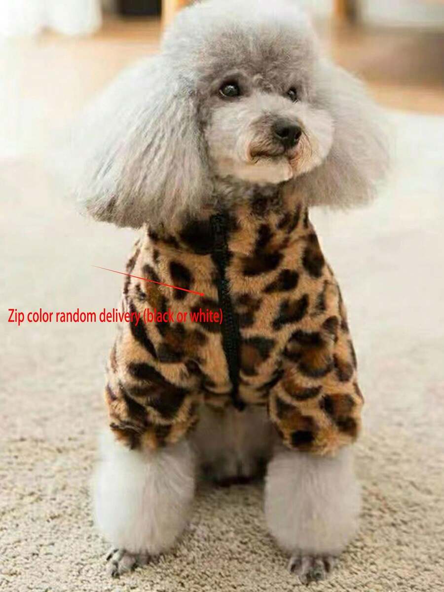 1 件装新款小型犬秋冬季时尚豹纹毛绒外套加厚保暖夹克 - 棕色 - 查看 1