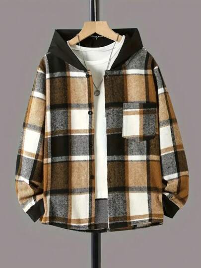 Chaqueta con capucha informal y holgada a cuadros para adolescentes/niños, chaqueta cortavientos de manga larga y cálida con bolsillos para niños, chaqueta de cuadros de para niños para otoño/invierno, ropa exterior