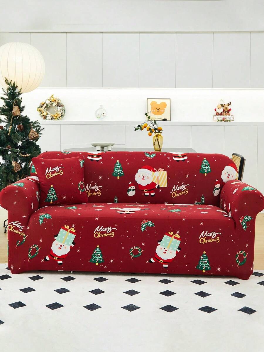 1pc Christmas Stretch Full Cover Sofa Slipcover, Modern Style Polyester Fabric, Machine Washable, Suitable For Holiday Decoration - Red - View 1
