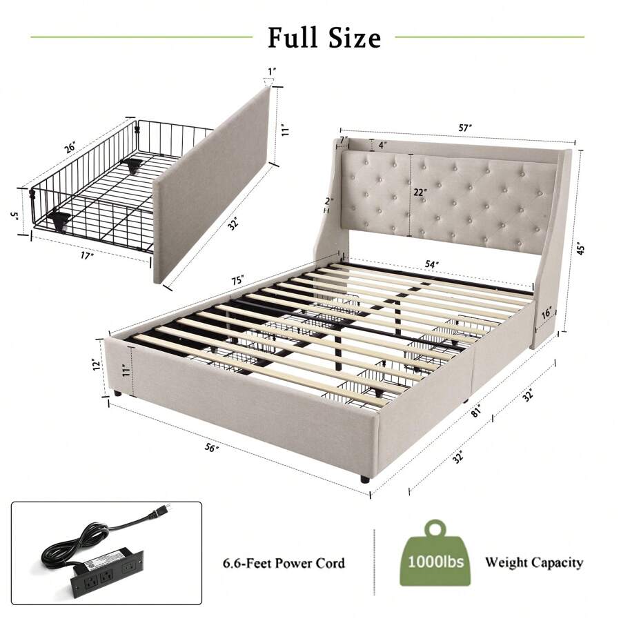 Full Size Bed Frame With TypeC & USB Port, Full Platform Bed Frame