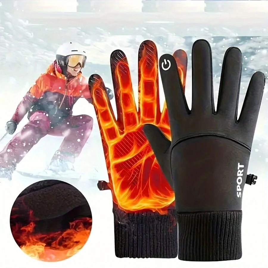 1 Pair Winter Black Warm Gloves, Elastic Windproof Waterproof Sports Gloves, Thickened Anti-Slip Touchscreen Durable Gloves, Sports Warm Gloves, Ideal Gift - Black - View 1