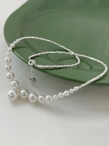1 件 S925 纯银简约创意碎银设计珍珠项链，高品质珠宝，防过敏，礼盒套装，适合女朋友生日或周年纪念 - 銀色 - 查看 7