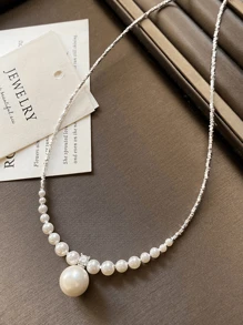 1 件 S925 纯银简约创意碎银设计珍珠项链，高品质珠宝，防过敏，礼盒套装，适合女朋友生日或周年纪念 - 銀色 - 查看 9