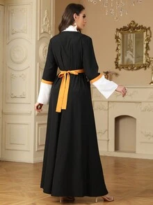SISKAKIA Vestidos con escote en V, parches florales, bajo dividido con cinturón para mujeres árabes, ropa islámica, kaftan marroquí, primavera, vacaciones - Blanco y Negro - Ver 7