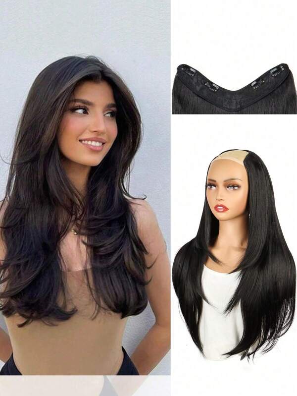 Extensões de Cabelo Sintético Longo e Liso de 22 Polegadas, Extensão de Cabelo com Presilha em Forma de V Resistente ao Calor, Peça de Cabelo para Mulheres e Meninas, Extensão de Cabelo Natural Quentes de Natal