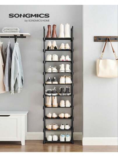 SONGMICS Scarpiera a 10 Ripiani Grande, Scaffale Portascarpe in Metallo, Fai da Te, Scaffale Salvaspazio e Versatile per Ingresso Soggiorno Camera da Letto Cucina, 45 x 30 x 174 cm, Nero, Ritorno a Scuola