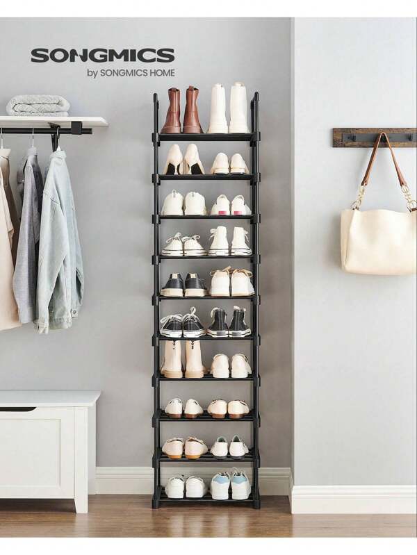 SONGMICS Scarpiera a 10 Ripiani Grande, Scaffale Portascarpe in Metallo, Fai da Te, Scaffale Salvaspazio e Versatile per Ingresso Soggiorno Camera da Letto Cucina, 45 x 30 x 174 cm, Nero, Ritorno a Scuola