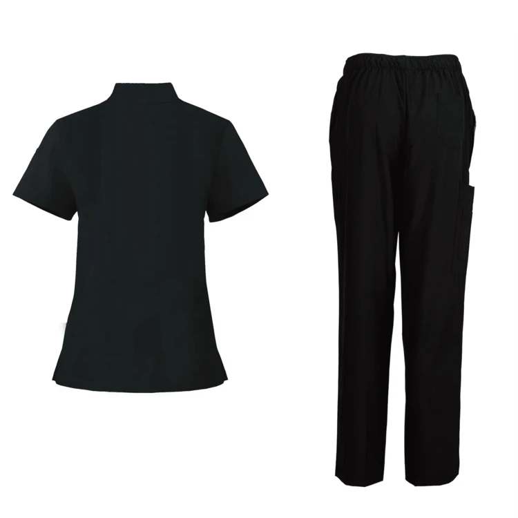 1 Set Divisa da donna con colletto alto e zip, manica corta, con design morbido, colletto alto, tasche, realizzato in poliestere, adatto per lavoro in ospedale, divisa da infermiera, set primavera nero - nero - Visualizzare 2