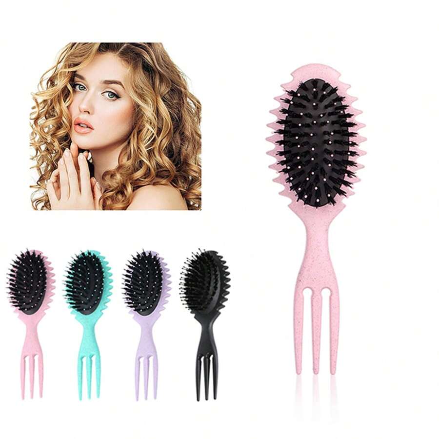 1PC Curl Defining Brush, Curl Hair Brush, Detangling Brush With Black Round Design, Styling Brush Boar Bristle Brush With Soft Silicone Bristles, Curly Hair Styling Tools - Multicolor - View 1