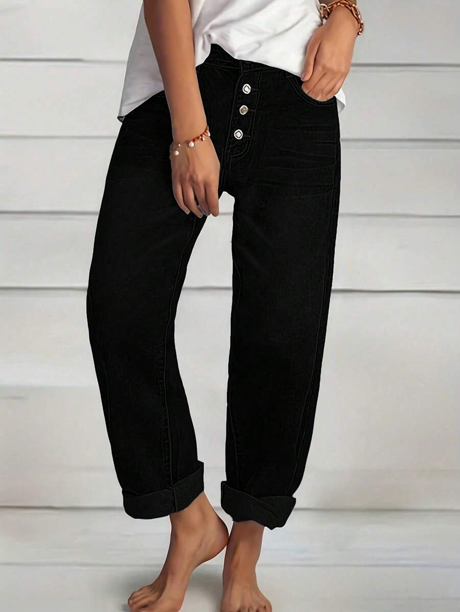 Women's Fall Casual Loose Straight Leg Jeans High Waisted Baggy Buttons Down Boyfreiend Denim Pants With Pockets - 黑色 - 查看 1