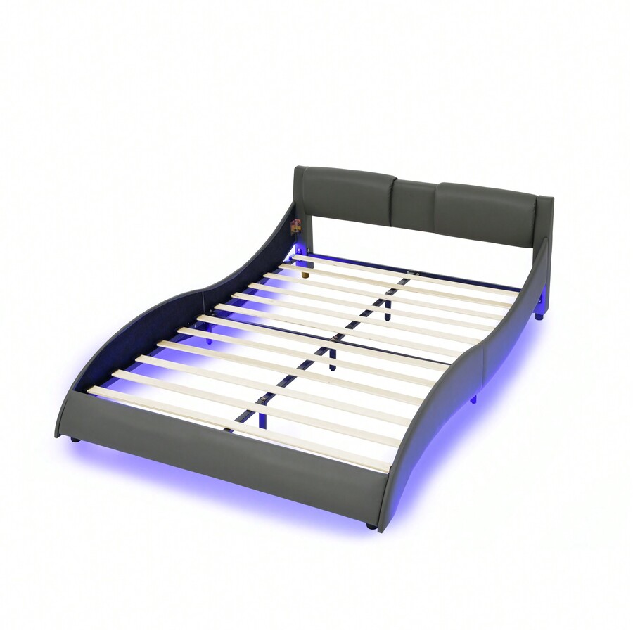 Modern Faux Leather Platform Bed Frame With RGB LED Lights, Wave
