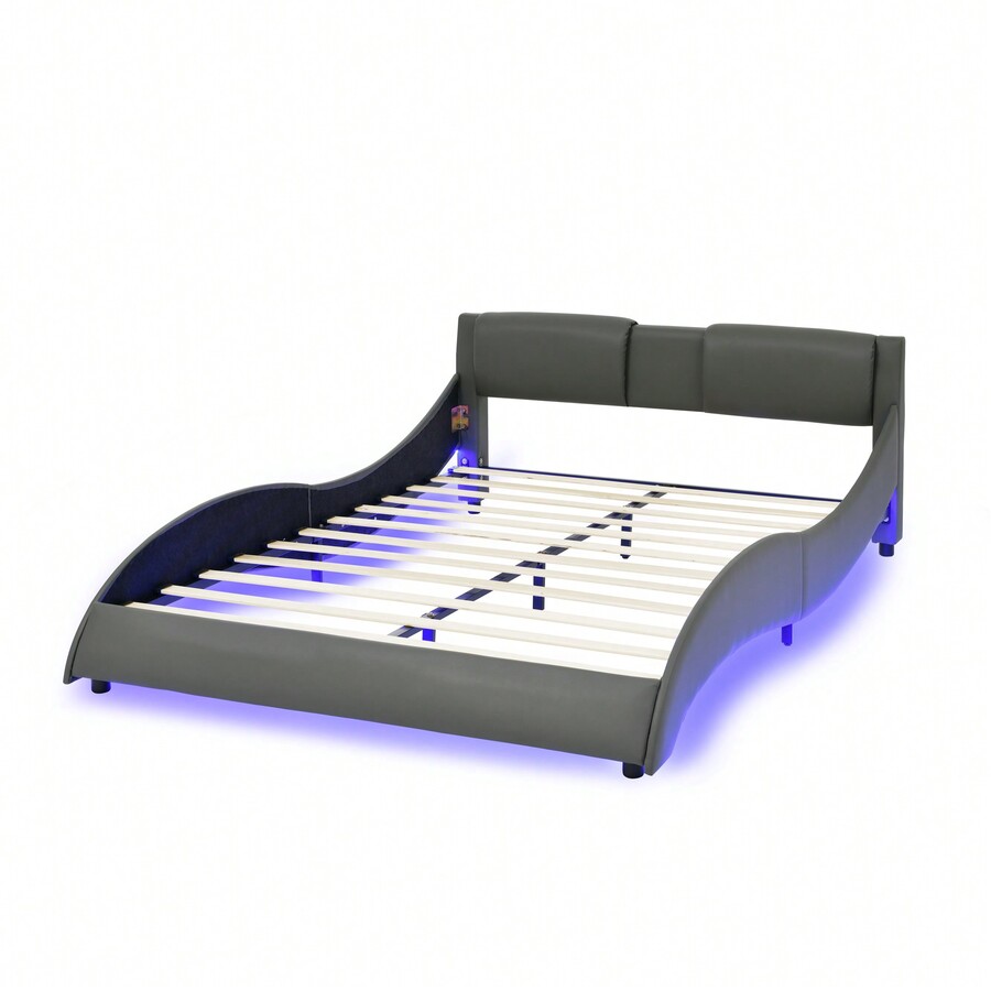 Modern Faux Leather Platform Bed Frame With RGB LED Lights, Wave