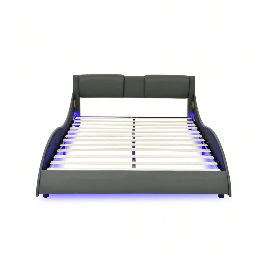 Modern Faux Leather Platform Bed Frame With RGB LED Lights, Wave