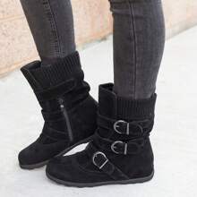 Women's Low-Heeled Ankle Boots-Green Boots Lug Sole Zipper Walking Shoes Women Warm Winter Fashion Christmas Womens Boots - Black - View 1