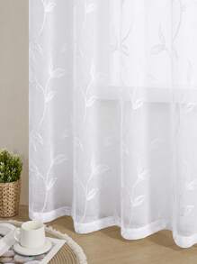 2pcs White Embroidered Sheer Curtains - Floral Pattern, Elegant Embroidery Design For Living Room And Bedroom Decor, With Grommet Rings