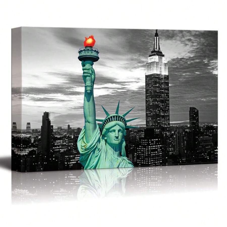 1PC With Frame - Black And White Photo Of The Statue Of Liberty In New York With Colorful Colors - Canvas Art Home Art - Suitable For Bedroom Living Room Dining Room Bathroom Study Hotel Bar Dressing Room Coffee Shop Wall Decoration - Multicolor - View 1