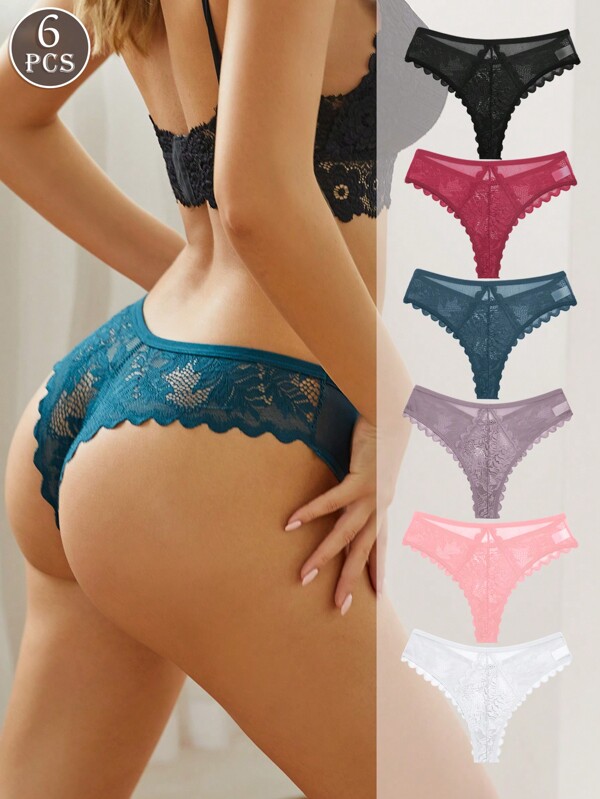6 pièces Culottes sexy à taille basse en dentelle florale pour femmes, confortables et