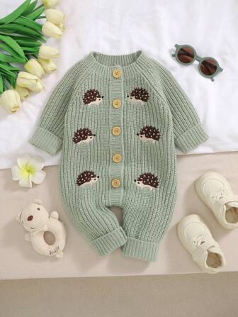 Newborn Baby Girls Knit Romper, Hedgehog Embroidery Graphic, Long Sleeve Comfortable & Soft Jumpsuit, Simple & Elegant Baby Outerwear