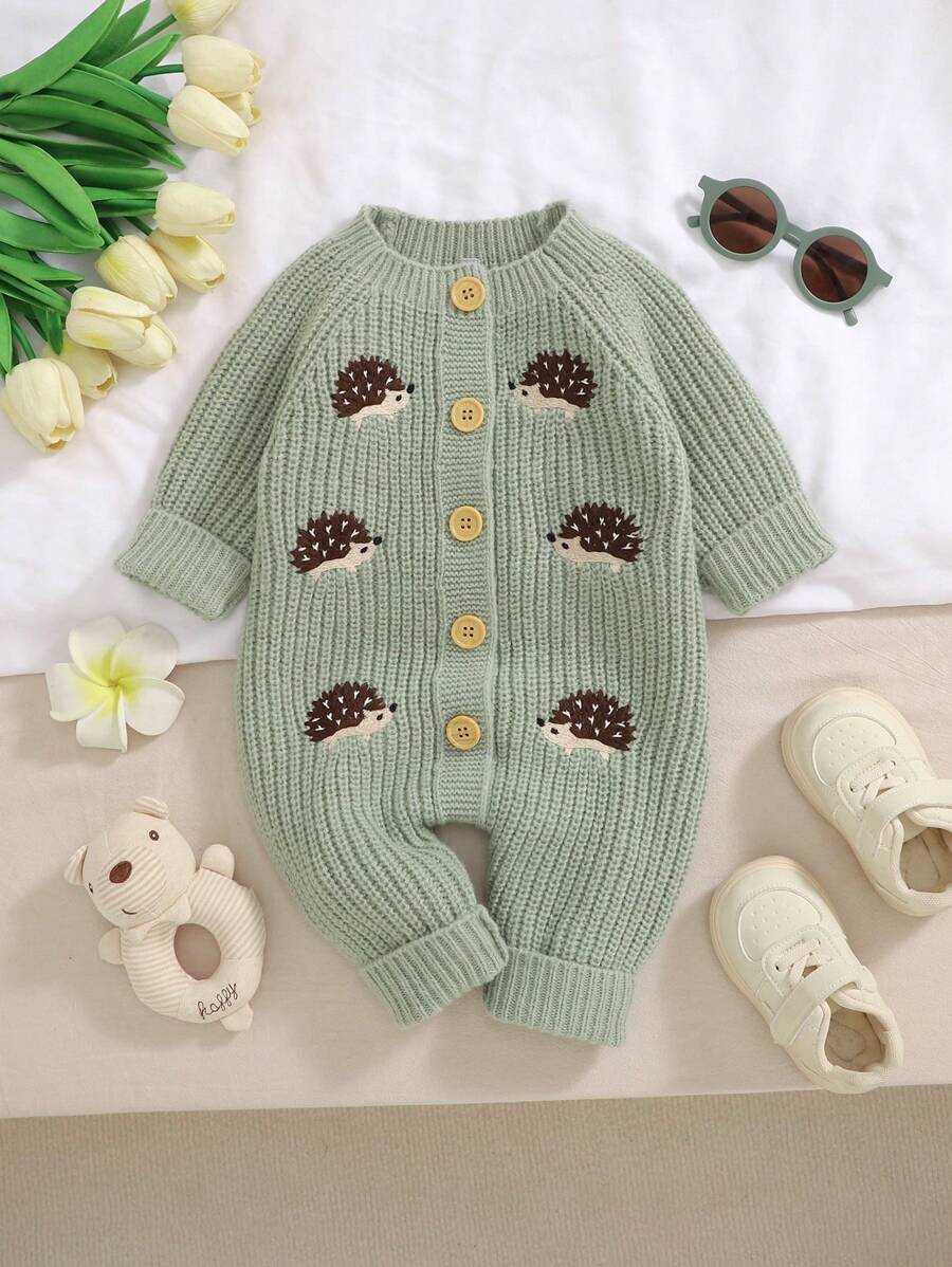 Bộ đồ liền thân dệt kim cho bé gái sơ sinh, đồ họa thêu hình con nhím, áo liền quần dài tay thoải mái và mềm mại, áo khoác ngoài đơn giản và thanh lịch cho bé - màu xanh lá - Xem 1