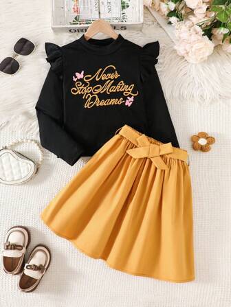 2 件/套女孩可爱罗纹印花长袖 T 恤和裙子套装，休闲装校园风格，秋冬