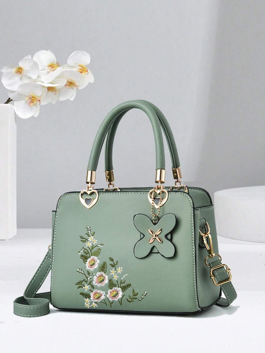 全新时尚刺绣手提包简约时尚女士单肩包 - 綠色 - 查看 1